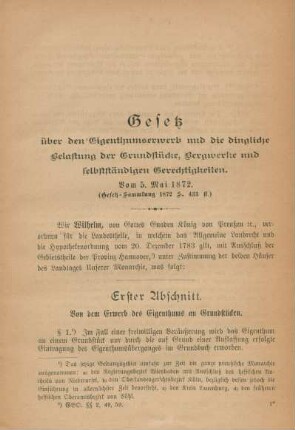 Gesetz über den Eigenthumserwerb und die dingliche Belastung der Grundstücke, Bergwerke und selbstständigen Gerechtigkeiten