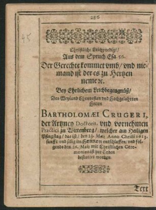 Christliche Leichpredigt ... Herrn Bartholomaei Crugeri ...