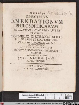 Specimen Emendationvm Philosophicarvm In Illvstri Academia Jvlia