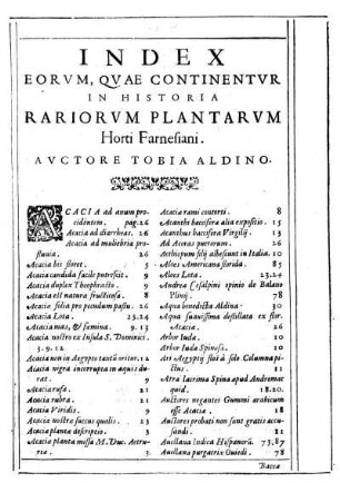 Index Eorvm Qvae Continentvr In Historia Rariorvm Plantarvm Horti Farnesiani.