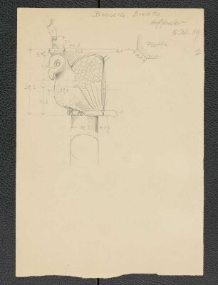 Palazzo Broletto zu Brescia, Kämpfer mit Taube vom Hoffenster (mit Aufmaß), Figurenkapitelle