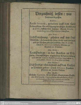 Verzeichnüsz dessen, was hierinnen begriffen
