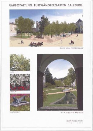 Hansjakob, Gottfried; Salzburg; Wettbewerb Furtwänglergarten (Umgestaltung) - Perspektive (Rendering): 'Blick vom Festspielhaus', 'Blick aus den Arkaden'