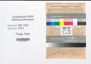 Entnazifizierung Peter Frings , geb. 18.12.1886 (Zahlmeister)