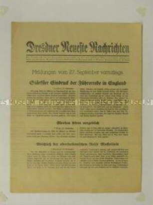 Nachrichtenblatt der "Dresdner Neueste Nachrichten" u.a. zur Reaktion in Großbritannien auf die Rede Hitlers