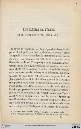 Les élégies de Tyrtée leur authenticité, leur age
