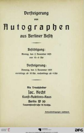 Versteigerung von Autographen aus Berliner Besitz : Versteigerung: 3. November 1925