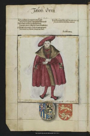 Bl. 104v: Johans Ernst [über eine Figur gemalt] : Johann Ernst Hzg. v. Sa., 1521-1542 (S. d. Johann des Beständigen) oo Katharina v. Braunschweig, T.d. Hzg. Philipp I.