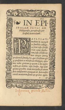 In Epistolam Pauli Ad Philippenses, paraphrasis per Erasmum Roterodamum.
