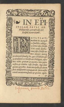 In Epistolam Pauli Ad Philippenses, paraphrasis per Erasmum Roterodamum.