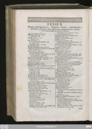 Index Rerum praecipuarum, Thesauro Graeco contentarum : ubi litera α, priorem, b verò posteriorem tomum denotat, numeri autem subiecti, paginarum numeros designant.
