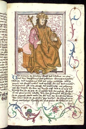 Thronender ungarischer Herrscher: König Bela; von Rankenwerk umgeben.