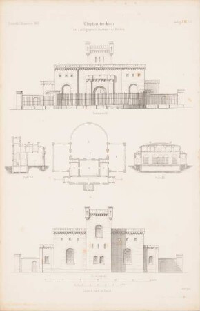 Zoologischer Garten, Berlin Elefantenhaus: Grundriss, Vorderansicht, Rückansicht, Schnitt AB, Schnitt CD (aus: Atlas zur Zeitschrift für Bauwesen, hrsg. v. G. Erbkam, Jg. 10, 1860)