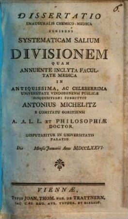 Dissertatio Inauguralis Chemico-Medica Exhibens Systematicam Salium Divisionem