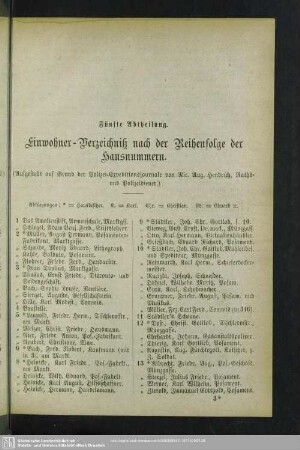 Fünfte Abtheilung. Häuserbuch : Fünfte Abtheilung. Einwohner-Verzeichniß nach der Reihenfolge der Hausnummern