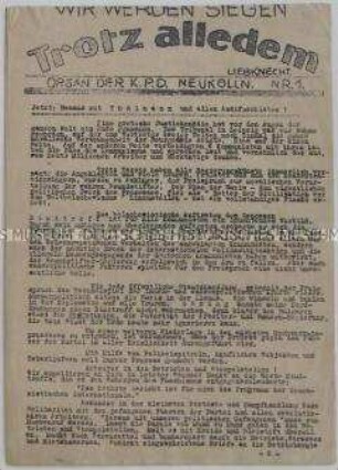 Illegales hektografiertes Mitteilungsblatt der KPD-Ortsgruppe Berlin-Neukölln u.a. zum Reichstagsbrandprozess