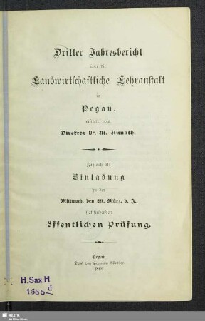 3.1899: Jahresbericht über die Landwirtschaftliche Lehranstalt in Pegau