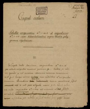 Analysis residuorum. Caput sextum [et septimum]. [237 - 302] (Manuskripttitel), Ohne Ort, 1796 [bzw. o.D.]