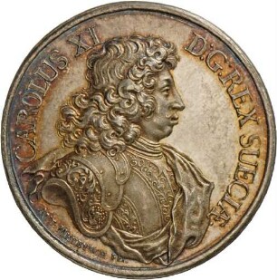 Medaille von Anton Meybusch auf König Karl XI. von Schweden und die drei Siege gegen Dänemark, 1677
