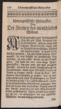 Unvorgreiffliche Gedancken, Von Der Freyheit des menschlichen Willens
