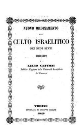 Nuovo ordinamento del culto israelitico nei regi stati / progetto di Lelio Cantoni