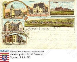Groß-Umstadt, Panorama und Einzelansichten / Stadtkirche, Rathaus, Zuckerfabrik, Realschule