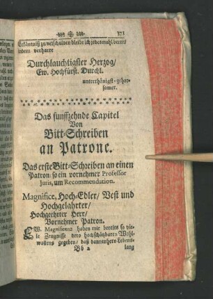 Das funffzehnde Capitel[.] Von Bitt-Schreiben an Patrone.
