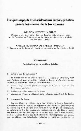 413-422, Quelques aspects et considérations sur la législation pénale brésilienne de la toxicomanie