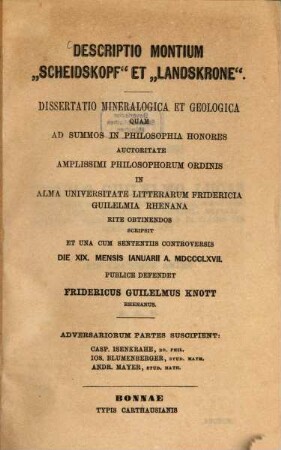 Descriptio montium "Scheidskopf" et "Landskrone" : dissertatio mineralogica et geologica