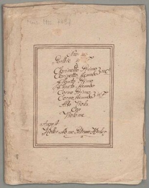 Divertimentos, vla, b, winds, F-Dur - BSB Mus.ms. 7437 : [dust cover title:] Nro: 29. // Parthie in F // à // Clarinetto Primo // [brace:] in C // Clarinetto secundo // Flauto Primo // Flauto secundo // Corno Primo // [brace:] in F // Corno secundo // Alto Viola // con // Violone [left side:] August // Holler // [right side:] Ad me Petrum // Huber