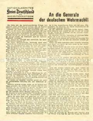 Abwurf-Flugblatt des Nationalkomitees Freies Deutschland mit einem Aufruf an die Generale der Wehrmacht zur Beendigung des Krieges