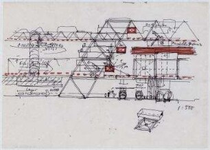 Ideenwettbewerb "Dienstleistungszentrum Langenberg " (nicht realisiert), 1. Preis – Schnitt, Detailansicht "Hamburger Ponte Vecchio". Langenberg