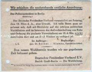 Handzettel mit der Absage einer Veranstaltung des Freidenker-Verbandes