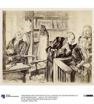 Adam spricht heimlich zu Eve. Licht hört zu. Der Gerichtsrat ruft Adam auf den Richterstuhl zurück, zu Heinrich von Kleist "Der zerbrochene Krug"