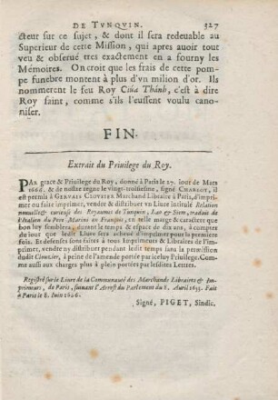 Fin. Extrait du Privilege du Roy
