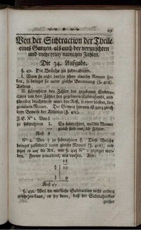 Von der Subtraction der Theile eines Ganzen, als auch der vermischten und mehrerley namigen Zahlen.