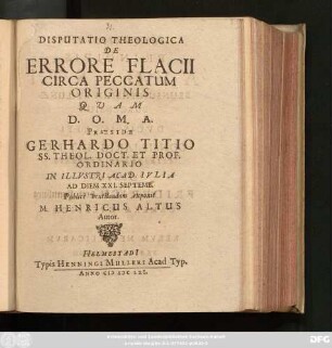 Disputatio Theologica De Errore Flacii Circa Peccatum Originis