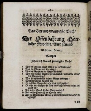 Das Vier und zwantzigste Buch Der Offenbahrung Göttlicher Mayestät Wird genant ... Boker, Mane; Morgen