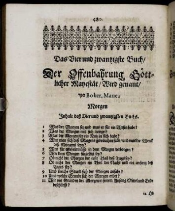 Das Vier und zwantzigste Buch Der Offenbahrung Göttlicher Mayestät Wird genant ... Boker, Mane; Morgen
