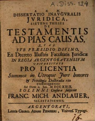 Dissertatio Inauguralis Iuridica Sistens Theses De Testamentis Ad Pias Causas