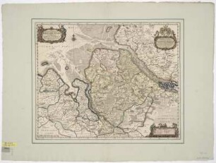 Karte vom Herzogtum Bremen, 1:340 000, Kupferstich, um 1658 : Ducatus olim Episcopatus Bremensis et ostiorum Albis et Visurgis Fluviorum novissima Descriptio : Nobilißimo ... D. Cornelio de Graaf ... / tabulam hanc geographicam D.D.D. Ioannes Ianßonius. - [Ca. 1:340 000]. - [Amsterdam] : [Jansson] , [um 1658]. - 1 Kt. : Kupferstich ; 51 x 41 cm. Maßstab in graph. Form (Teutschen Meillen). - Titelkartusche oben links, Widmungskartusche oben rechts, Legendenkartusche unten rechts. - Mit Windrose