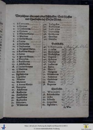 Verzeichnus aller und jeder Bischoffen, Erzbischoffen, und Churfürsten des Stiffts Meintz