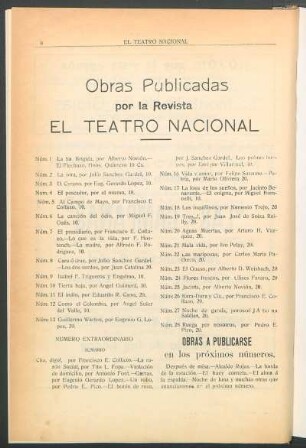 Obras publicadas por la Revista El Teatro Nacional