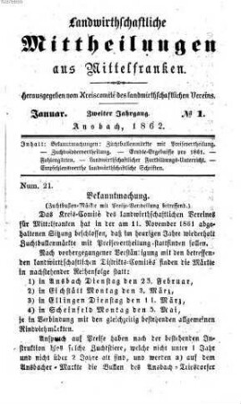 Landwirthschaftliche Mittheilungen aus Mittelfranken. 1862