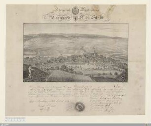 Königreich Württemberg Leonberg O-A-Stadt : [Handwerksbrief, Tischler, Leonberg, 1839]; Wir der Obmann und die Vorsteher der Leonberger Schreiner-Zunft beurkunden hiermit dem Christian Gottfridt Erpff Bürger in der Ober Amts Stadt Leonberg daß er sich ... zum selbstständigen Betriebe des Schreiner-Gewerbes ... ausgewiesen, und daß ihn sofort das k. Ober-Amt in das Meisterrecht eingewiesen hat ... Gesehen Leonberg, den 27. Julius 1839 ...