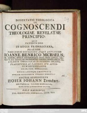 Dissertatio Theologica De Cognoscendi Theologiae Revelatae Principio