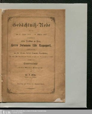 Gedächtniß-Rede für den am 17. Tischri 5628