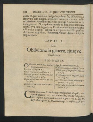 Caput I. De Oblivione in genere, eiusque Divisione.