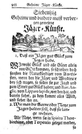 Siebentzig geheime und bishero meist verborgen gewesene Jäger-Künste.