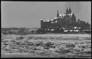 Meißen. Albrechtsburg und Dom im Winter, Eisgang in Elbe